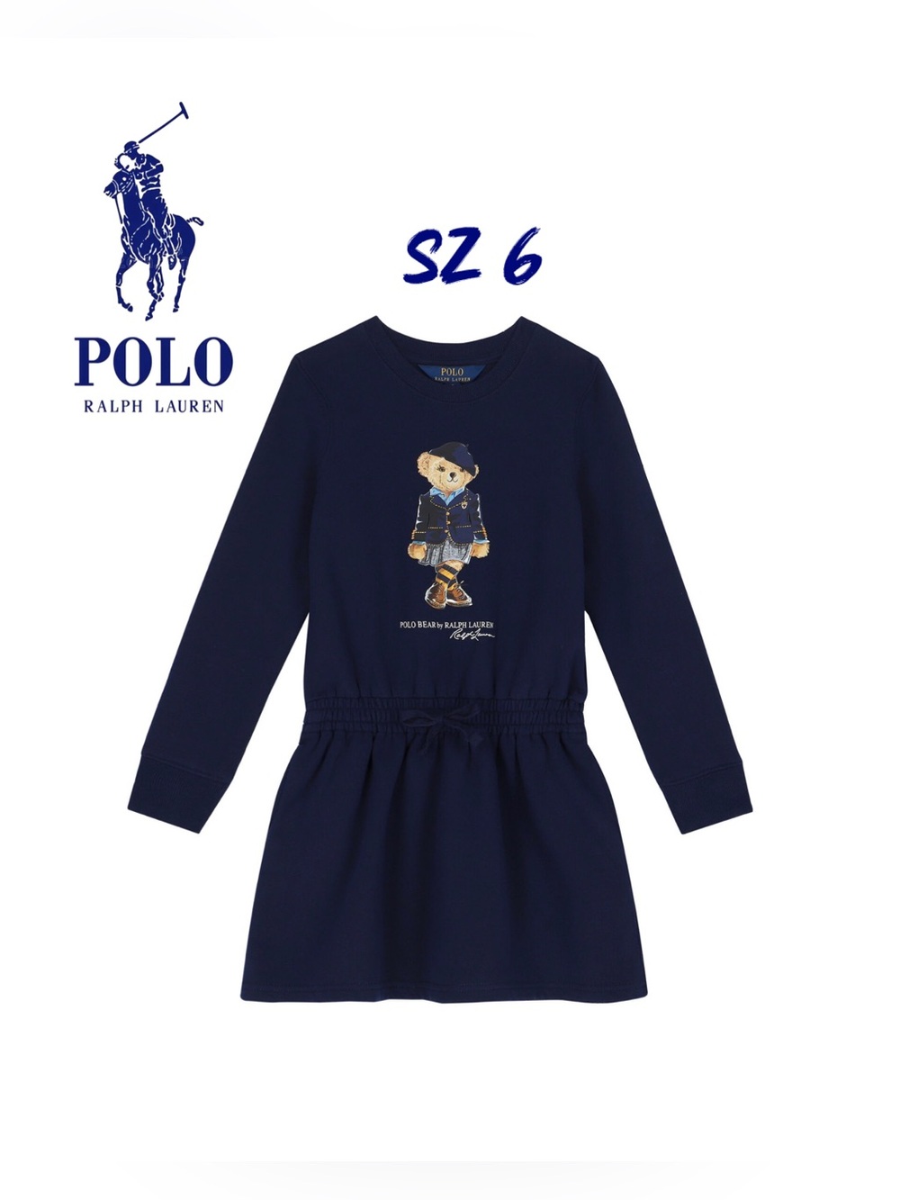 Polo by Ralph Lauren Navy Long-Sleeve Bear Graphic Casual Dress Sz 6